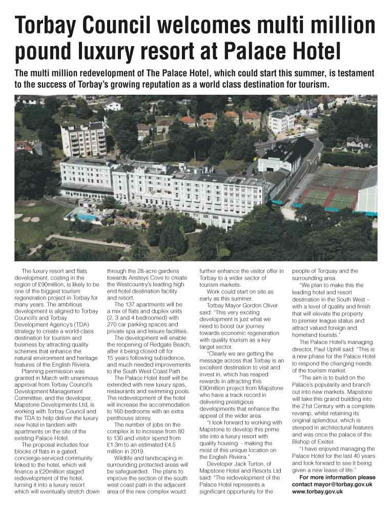 Torbay Council welcomes multi million pound luxuy resort at Palace Hotel